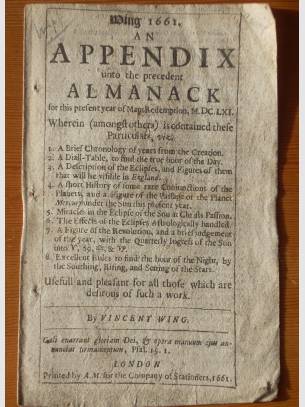 An Appendix unto the Precedent Almanack [fragment] by WING, Vincent (1661)